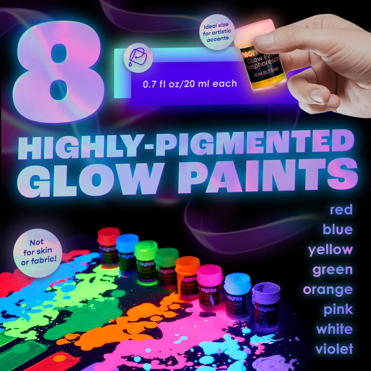neon nights Glow in The Dark Acrylic Paint Set | 8 x 20ml (0.7 fl oz) Bottles | Vibrant Neon & Luminescent Colors - view 2