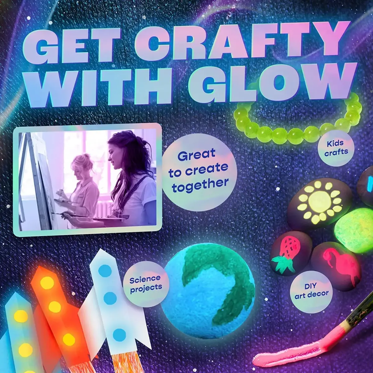 neon nights Glow in The Dark Acrylic Paint Set | 8 x 20ml (0.7 fl oz) Bottles | Vibrant Neon & Luminescent Colors - view 3