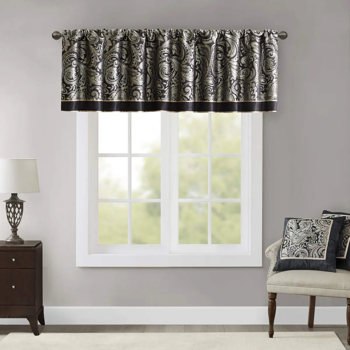 Madison Park Faux Silk Paisley Jacquard Valance, 50x18" Black | Elegant Rod Pocket Window Decor - main product image