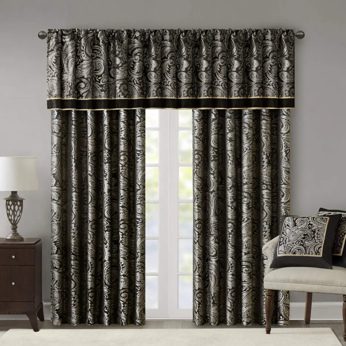 Madison Park Faux Silk Paisley Jacquard Valance, 50x18" Black | Elegant Rod Pocket Window Decor - view 5