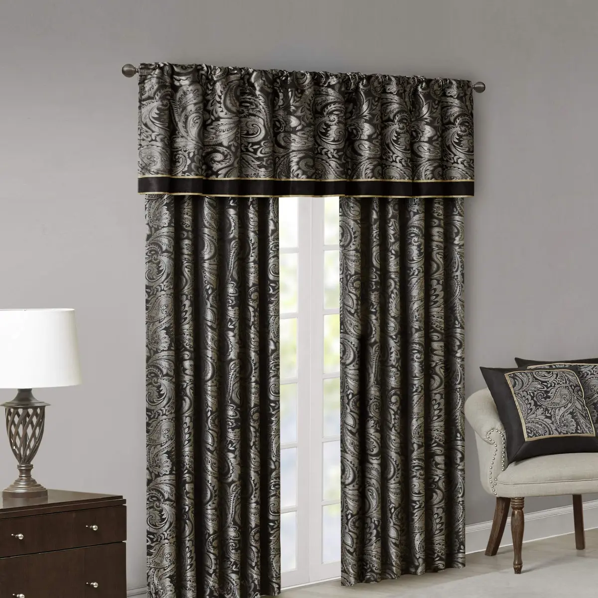 Madison Park Faux Silk Paisley Jacquard Valance, 50x18" Black | Elegant Rod Pocket Window Decor - view 6