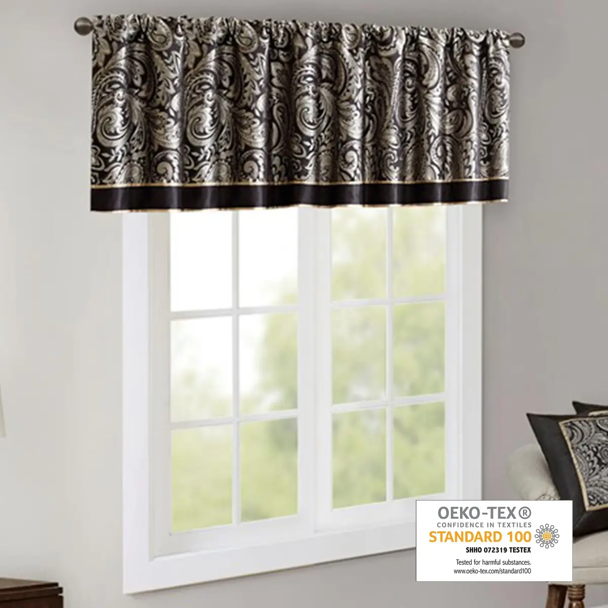 Madison Park Faux Silk Paisley Jacquard Valance, 50x18" Black | Elegant Rod Pocket Window Decor - view 2