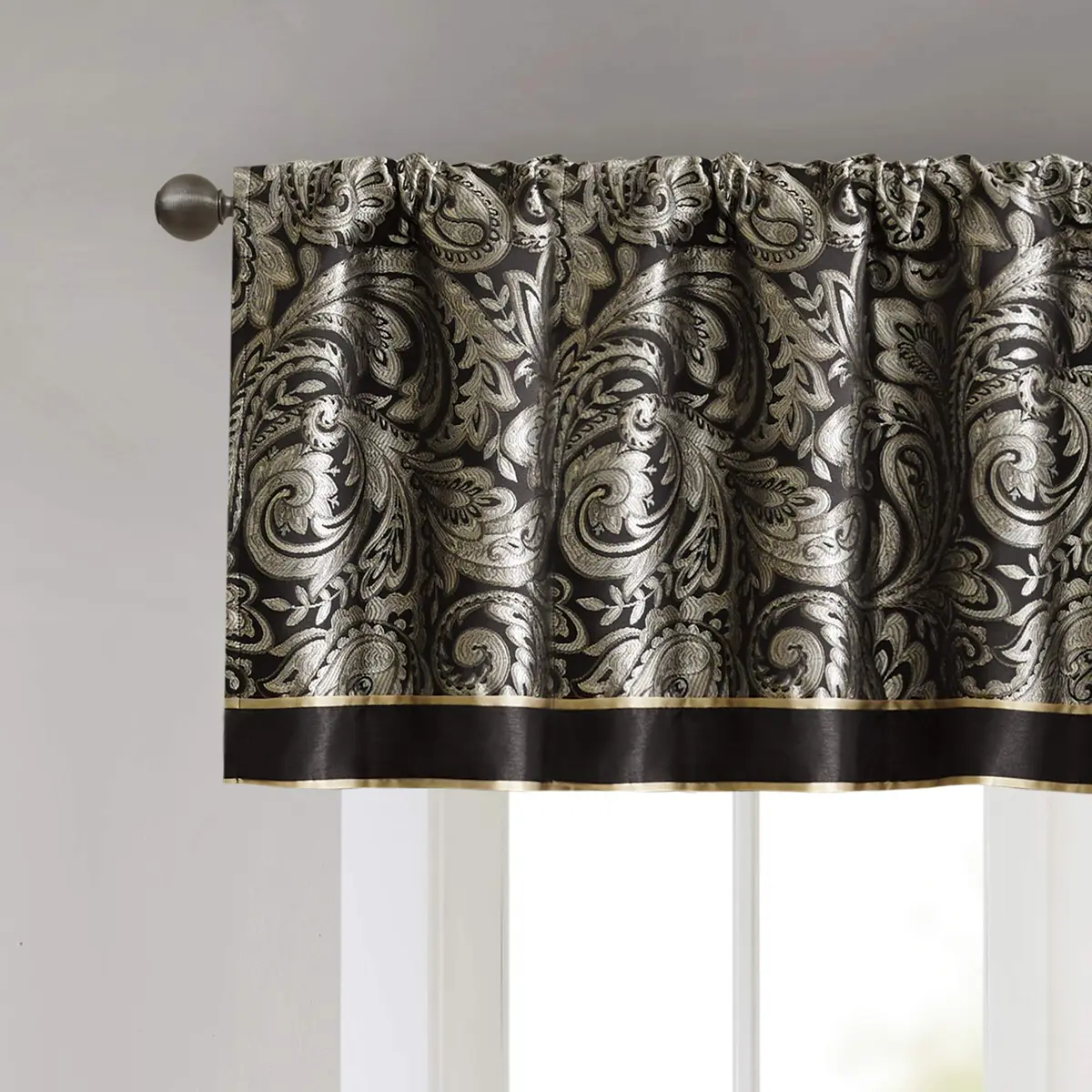 Madison Park Faux Silk Paisley Jacquard Valance, 50x18" Black | Elegant Rod Pocket Window Decor - view 3