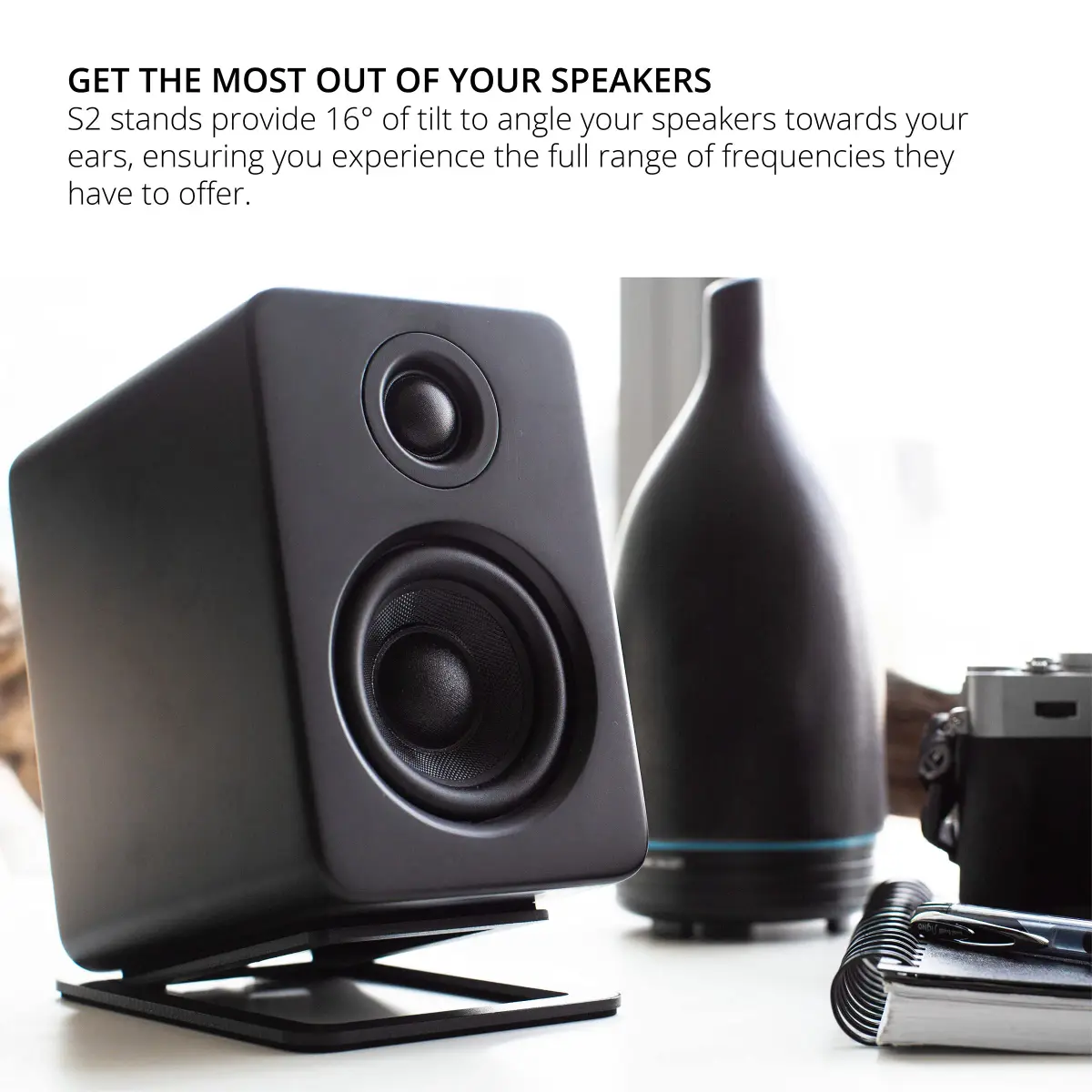 Kanto S2 Tilted Desktop Speaker Stands for Small Speakers & Compact 2”-3” Studio Monitors | Supports 6 lbs | Damping Foam Padding | Black, Pair - view 4