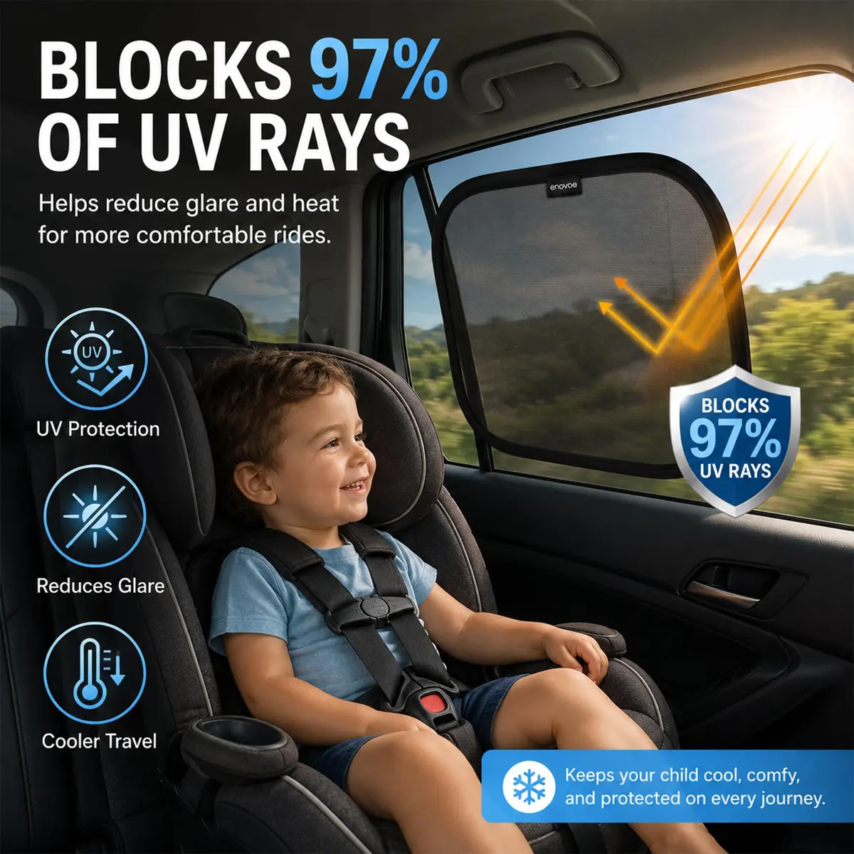Enovoe Car Window Shades for Baby (4 Pack) 35.5cm x 21in | Static Cling Sun Blocker for SUV & Cars - view 2