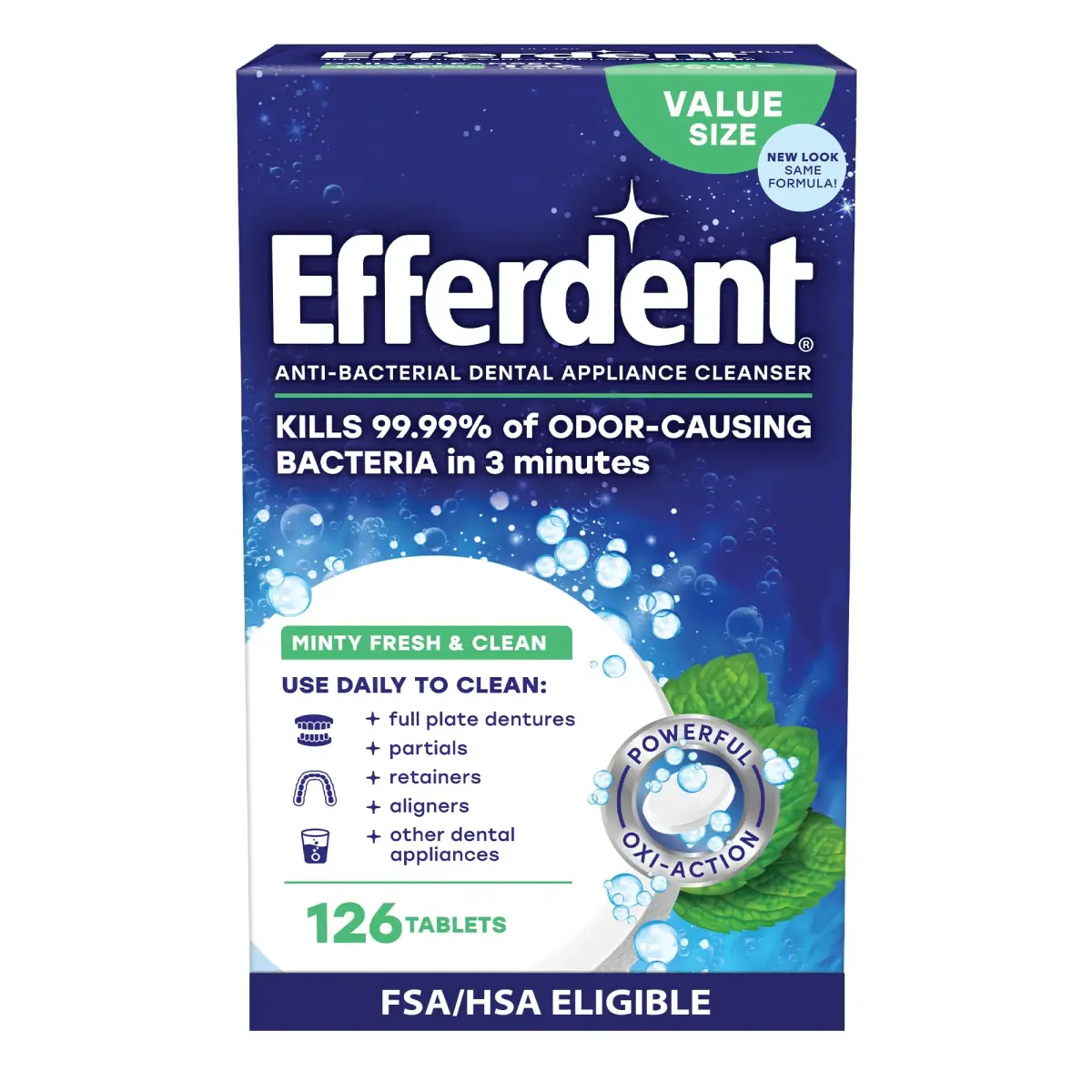 Efferdent Minty Fresh & Clean Denture Cleaner Tablets 126 Count | Kills 99.99% Odor-Causing Bacteria - main product image
