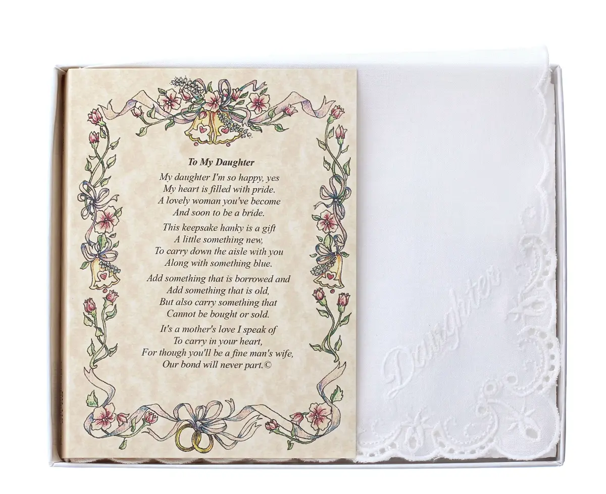 Wedding Collectibles Wedding Handkerchief Poetry Hankie (Mother to Daughter) White, Lace Embroidered | Keepsake Gift - main product image
