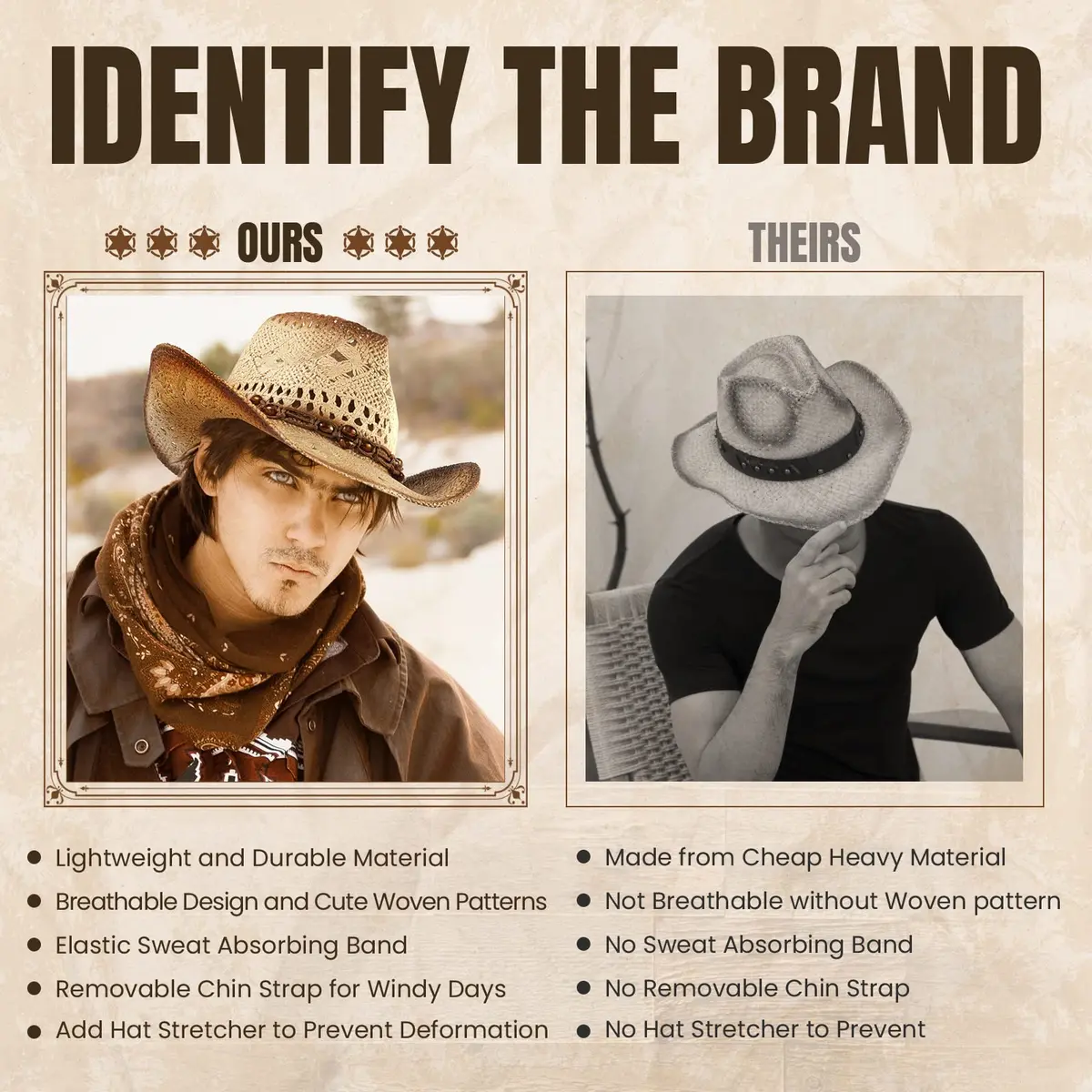 Simplicity Cowboy Hat for Men, Straw Western Hat, Brown with Leather Band | Classic Western Style for Men - view 6