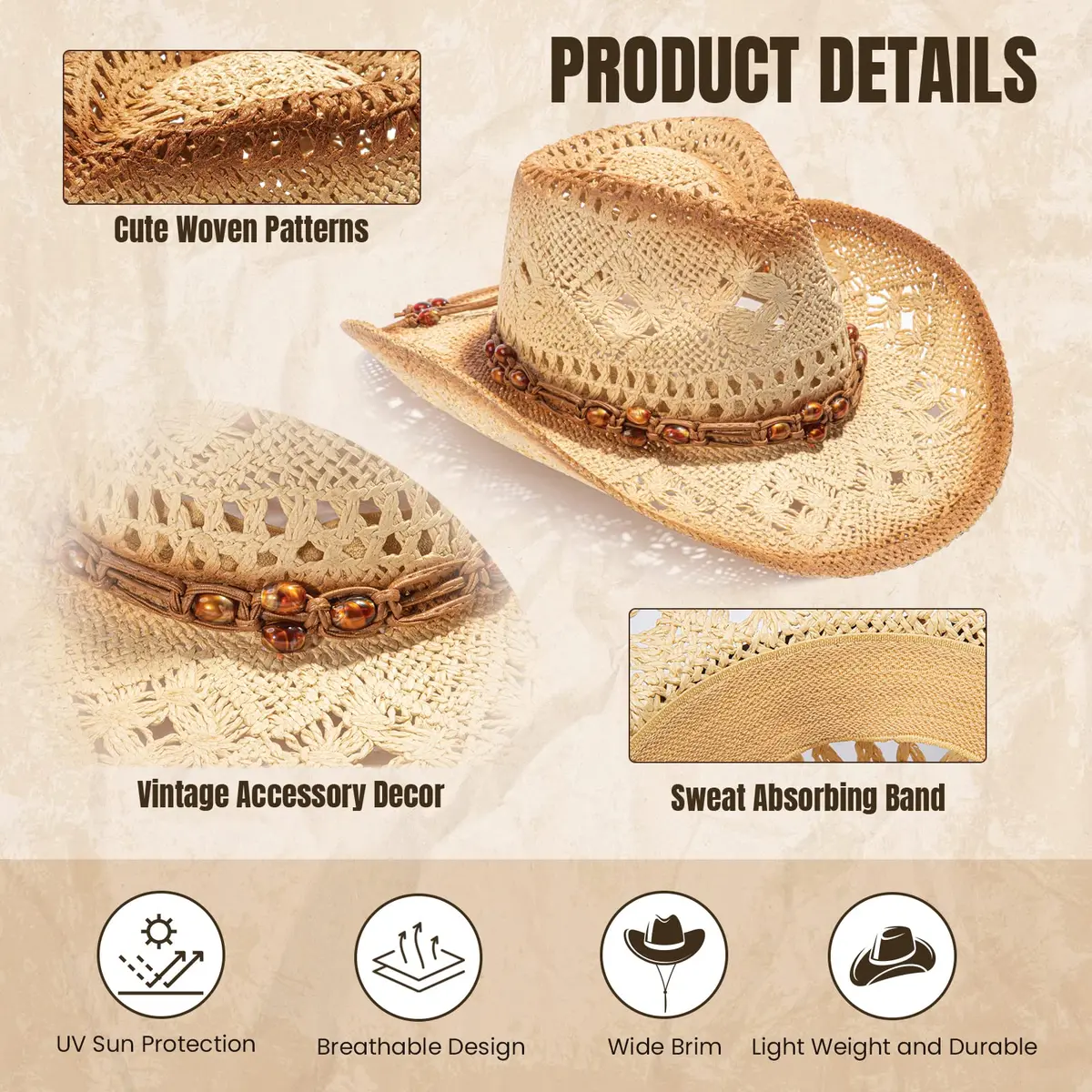 Simplicity Cowboy Hat for Men, Straw Western Hat, Brown with Leather Band | Classic Western Style for Men - view 2