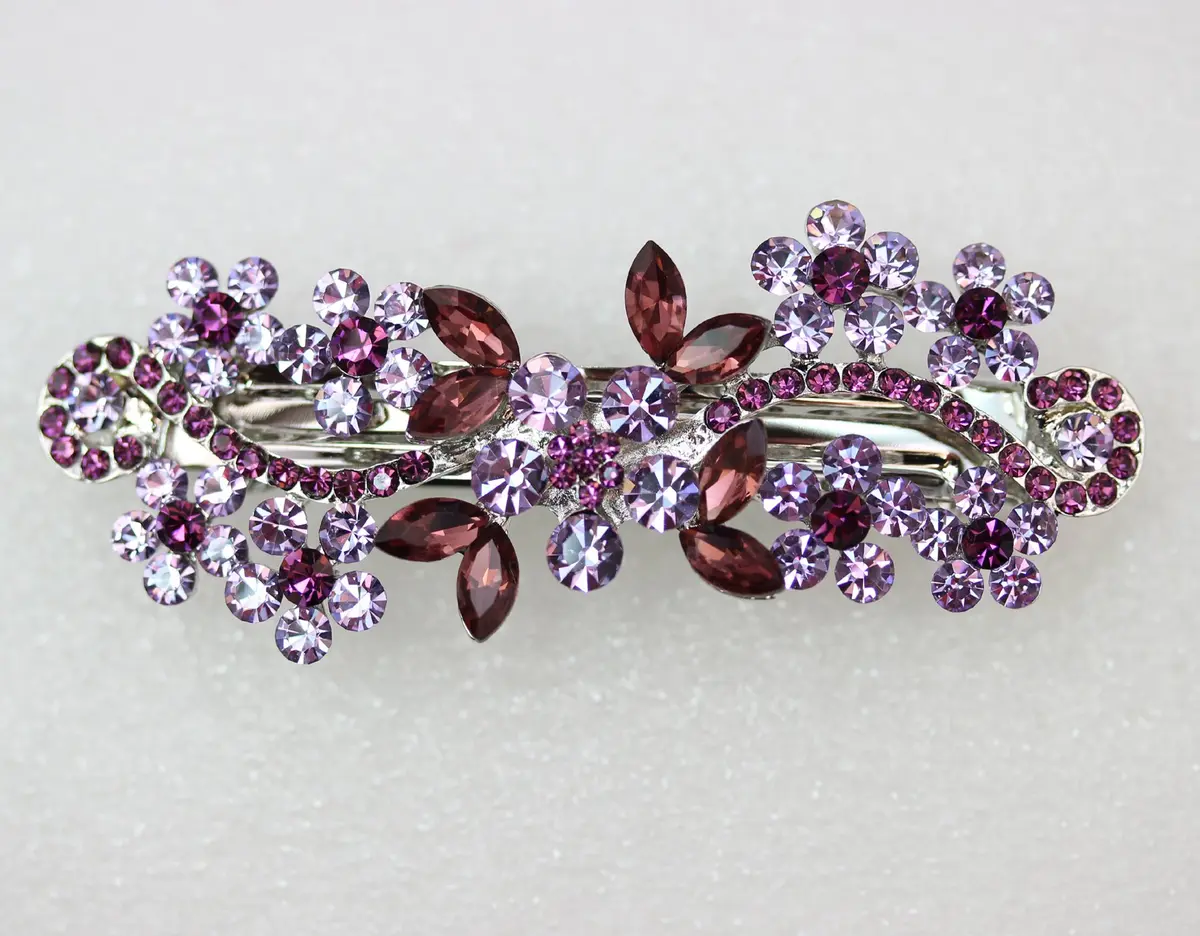 Faship Purple Crystal Flower Hair Barrette Clip | Rhinestone Bridal Hair Jewelry 3" - view 2