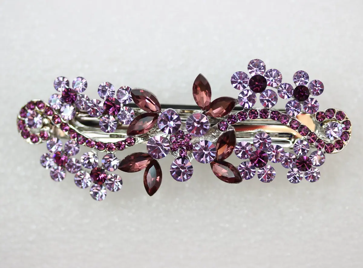 Faship Purple Crystal Flower Hair Barrette Clip | Rhinestone Bridal Hair Jewelry 3" - view 3