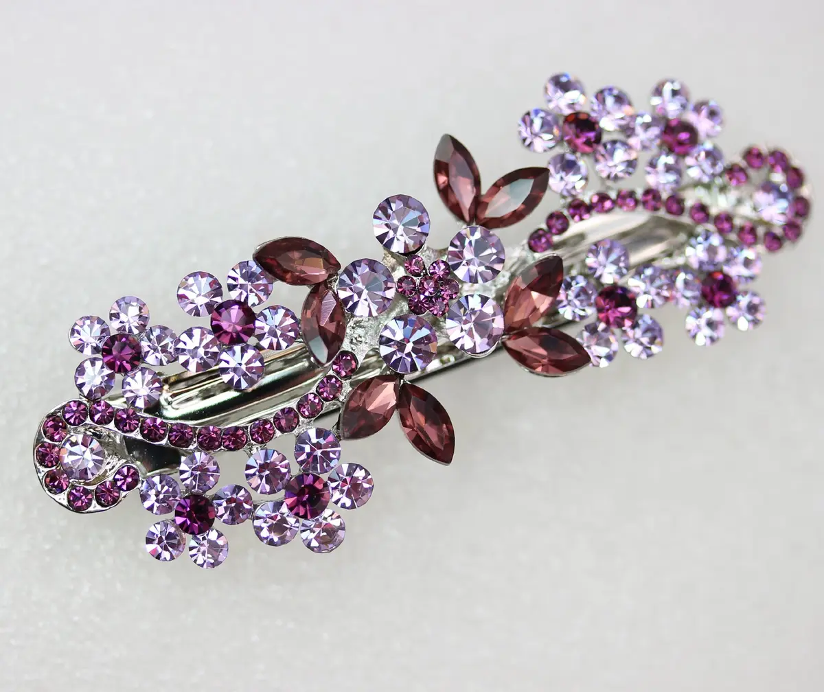 Faship Purple Crystal Flower Hair Barrette Clip | Rhinestone Bridal Hair Jewelry 3" - view 4