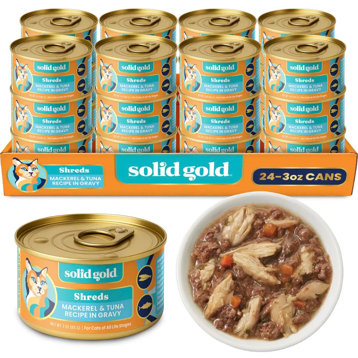 Solid Gold Wet Cat & Kitten Food, Mackerel & Tuna Shreds in Gravy, 24ct | Grain-Free, Holistic Nutrition for Cats & Kittens - main product image