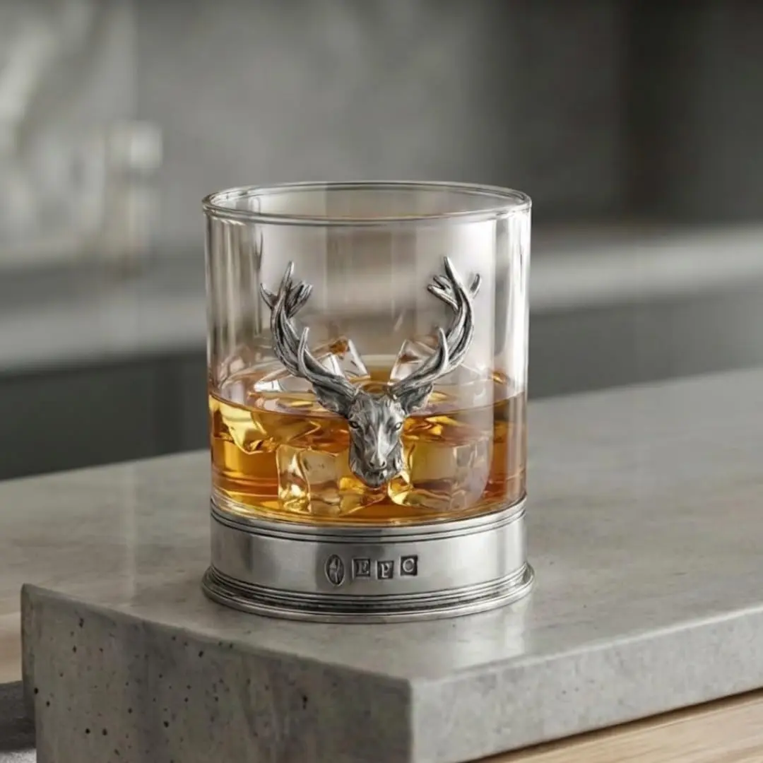 English Pewter Company 11oz Old Fashioned Whisky Rocks Glass with Stag Deer Head Pewter Base - view 2