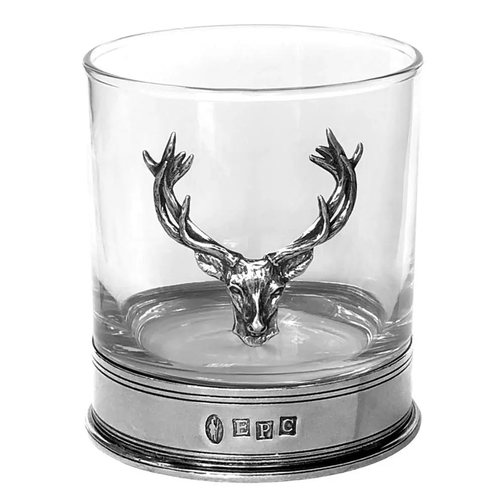 English Pewter Company 11oz Old Fashioned Whisky Rocks Glass with Stag Deer Head Pewter Base - view 3
