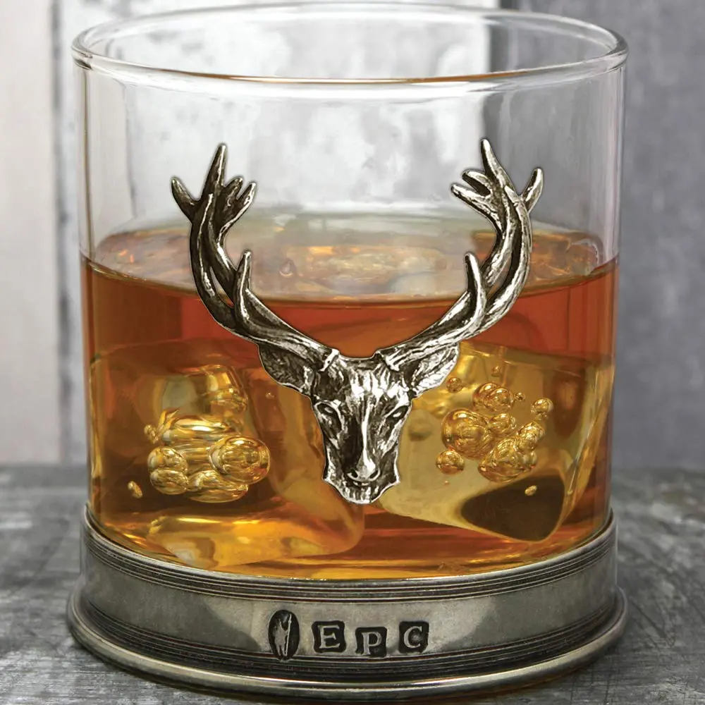 English Pewter Company 11oz Old Fashioned Whisky Rocks Glass with Stag Deer Head Pewter Base - view 4