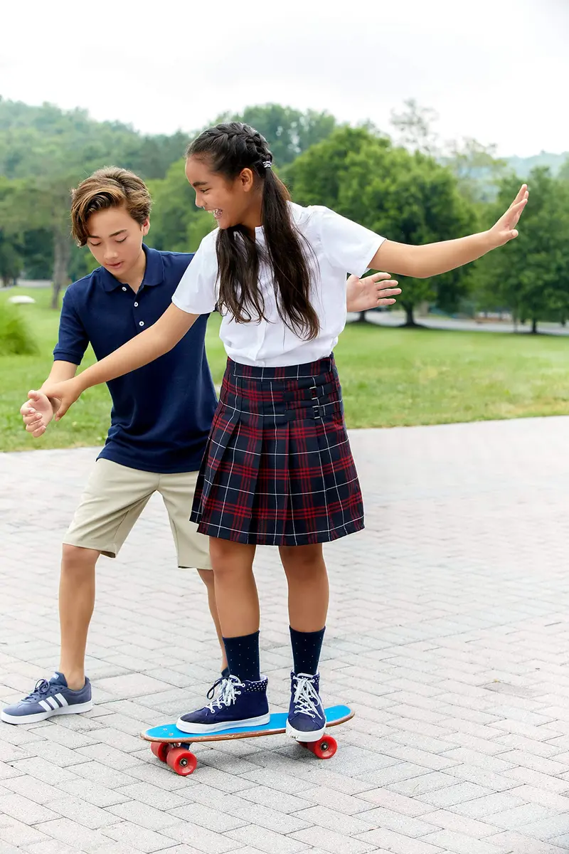 French Toast Girls' Adjustable Waist Plaid 2-Tab Scooter, Navy & Red Plaid, 10 | Built-in Shorts, Preppy Style, Above Knee - view 6