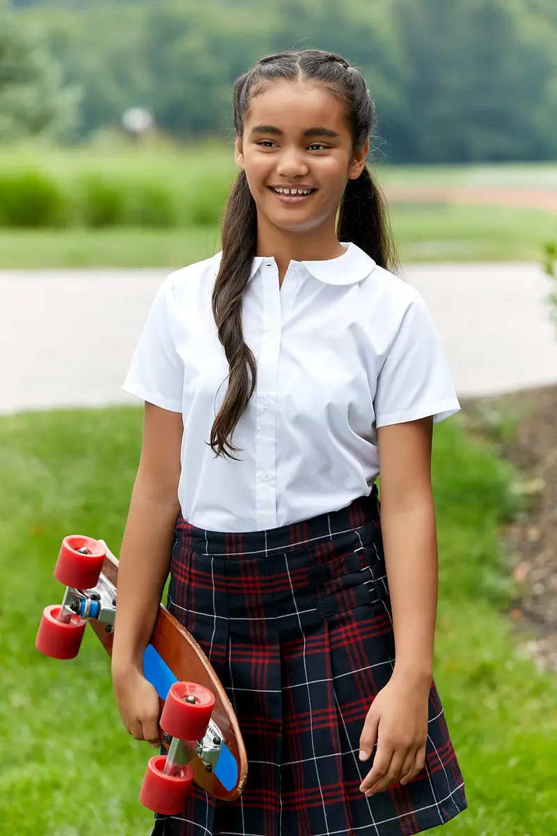 French Toast Girls' Adjustable Waist Plaid 2-Tab Scooter, Navy & Red Plaid, 10 | Built-in Shorts, Preppy Style, Above Knee - view 3
