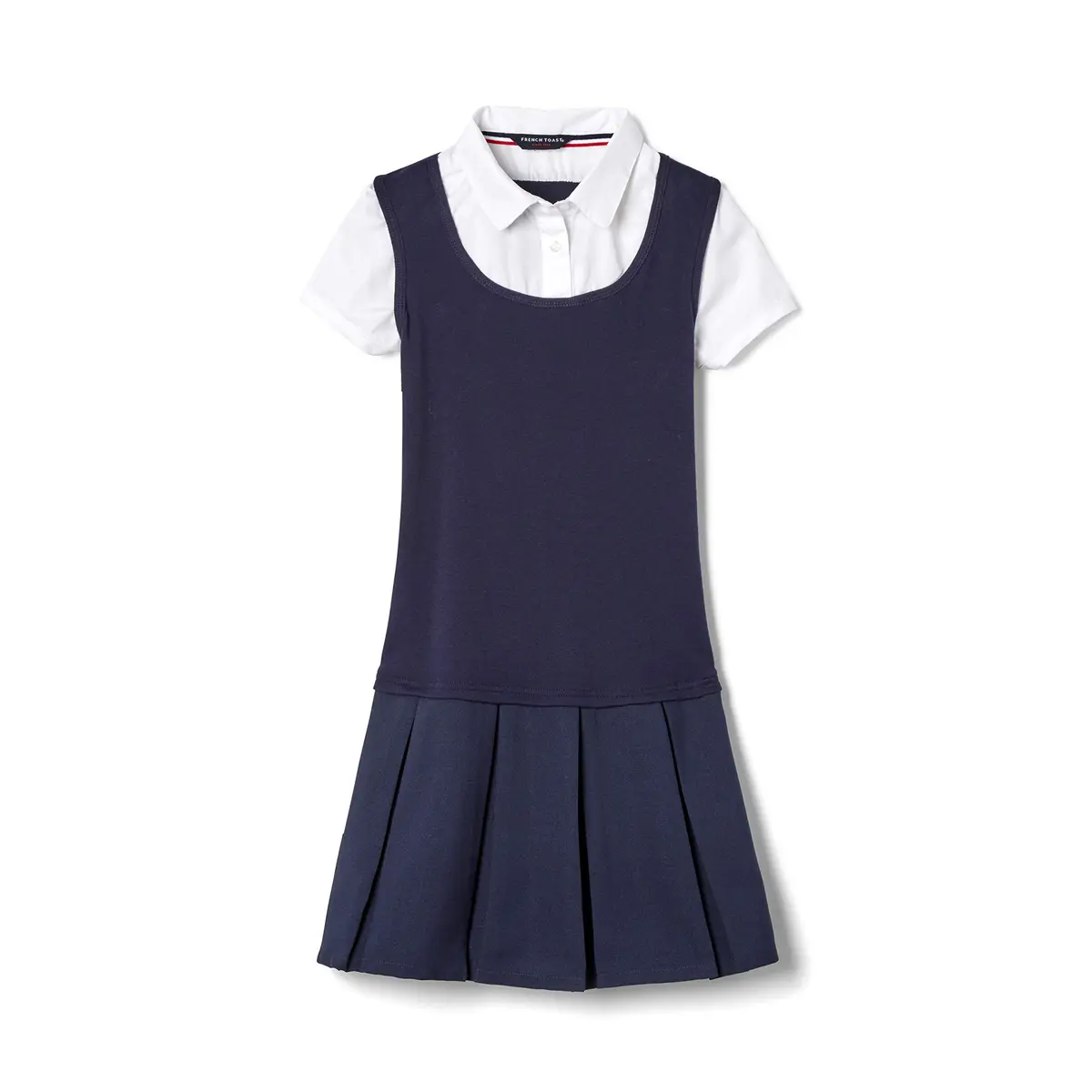 French Toast Girls' Short Sleeve 2-Fer Pleated Dress, Navy, 14 | School Uniform Look & Comfort - main product image