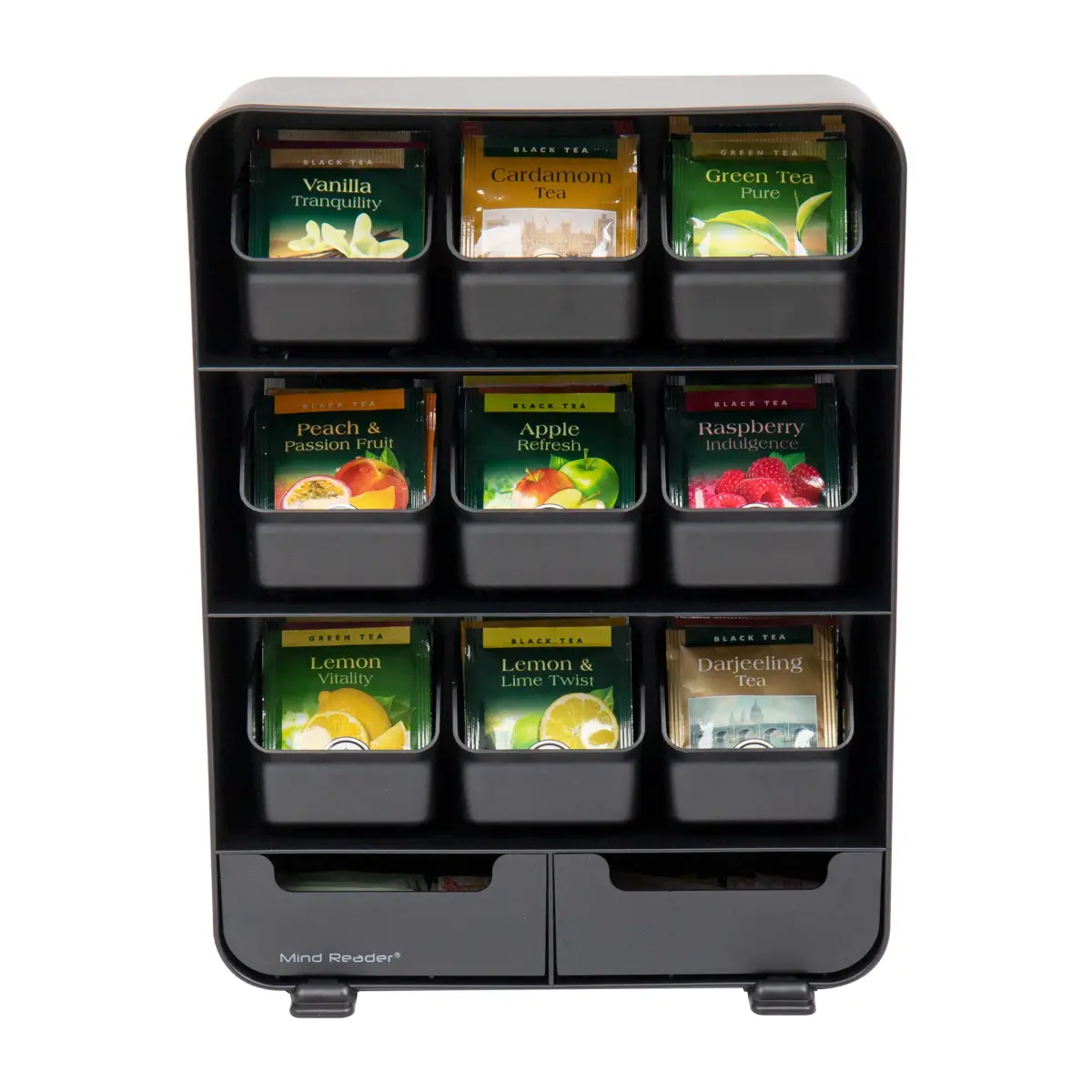 Mind Reader 11-Drawer Tea Bag Organizer Station | 26cm (10.25") Black Plastic Countertop Storage - view 6