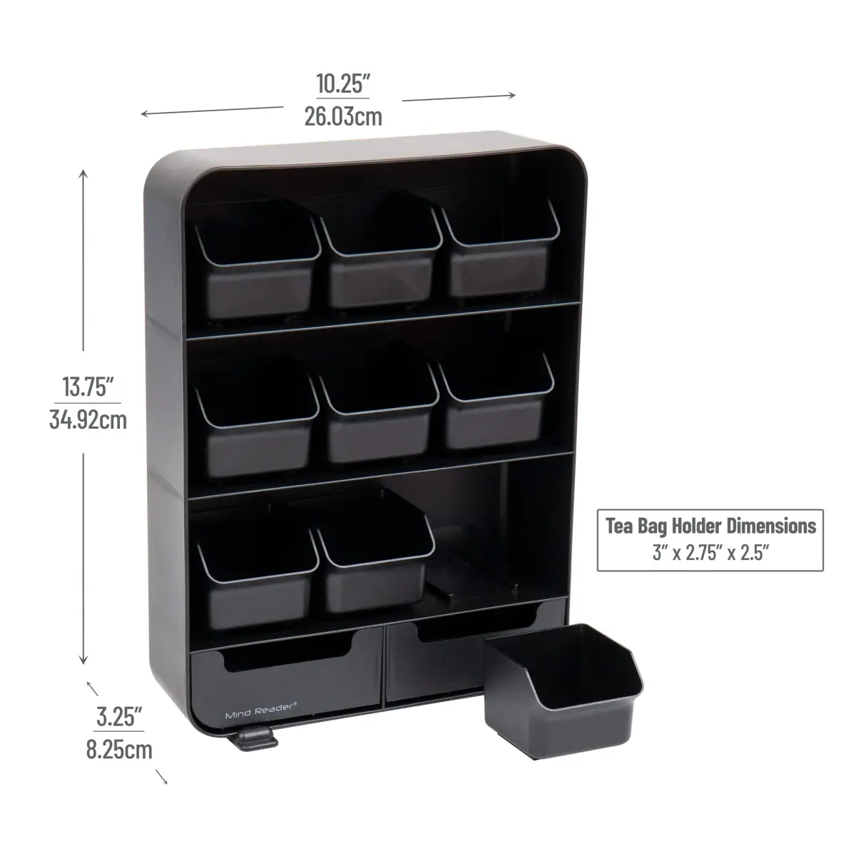 Mind Reader 11-Drawer Tea Bag Organizer Station | 26cm (10.25") Black Plastic Countertop Storage - view 3