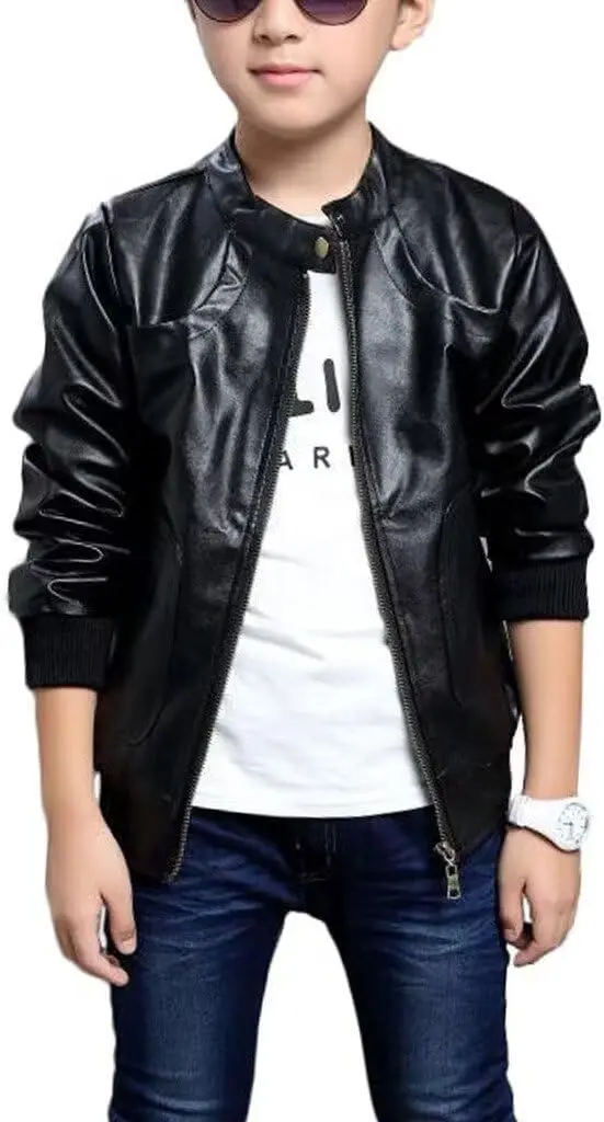 Chinaface Boy's Trendy Stand-Collar PU Leather Spring Moto Jacket Black 11-12 Years | Stylish & Warm - main product image