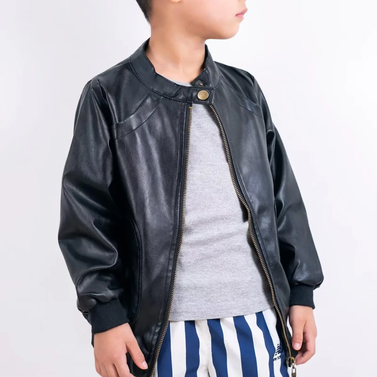 Chinaface Boy's Trendy Stand-Collar PU Leather Spring Moto Jacket Black 11-12 Years | Stylish & Warm - view 8
