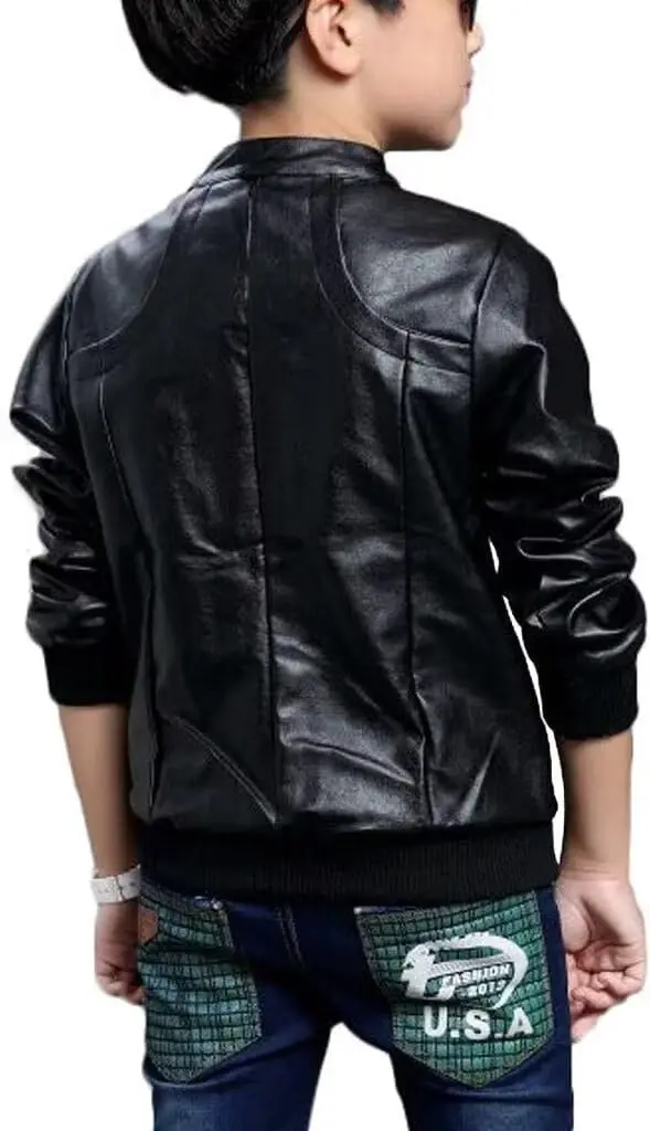 Chinaface Boy's Trendy Stand-Collar PU Leather Spring Moto Jacket Black 11-12 Years | Stylish & Warm - view 2