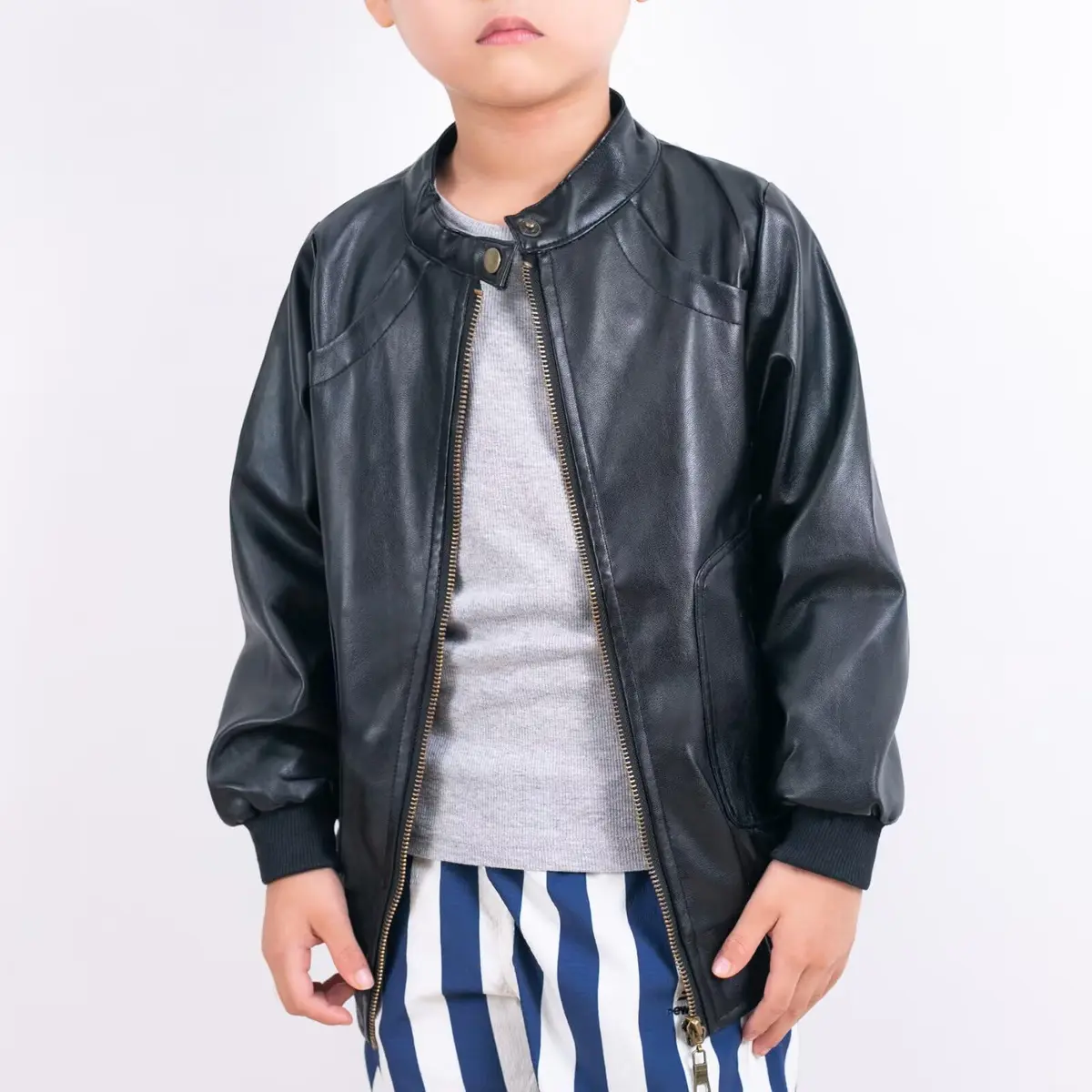Chinaface Boy's Trendy Stand-Collar PU Leather Spring Moto Jacket Black 11-12 Years | Stylish & Warm - view 3