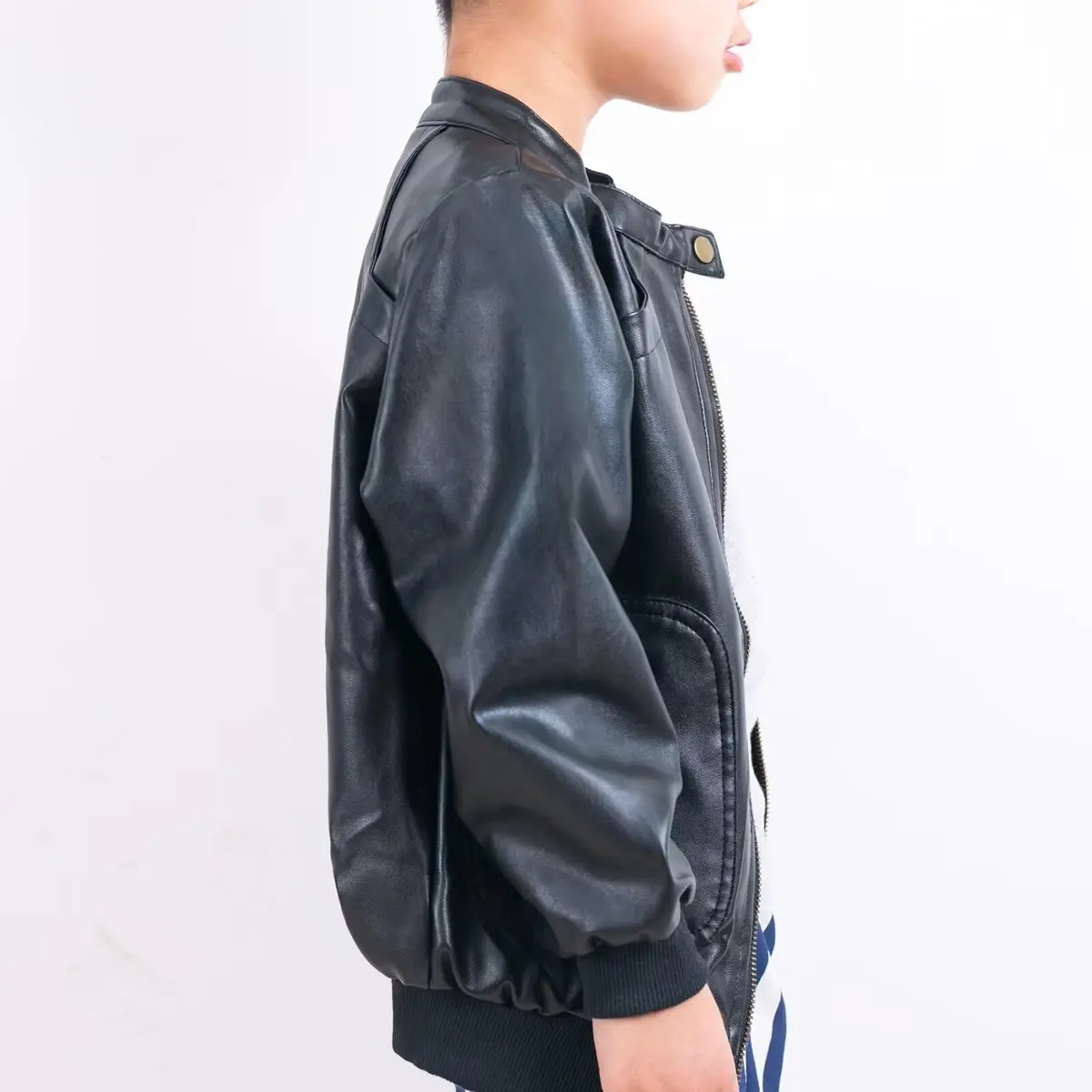 Chinaface Boy's Trendy Stand-Collar PU Leather Spring Moto Jacket Black 11-12 Years | Stylish & Warm - view 4