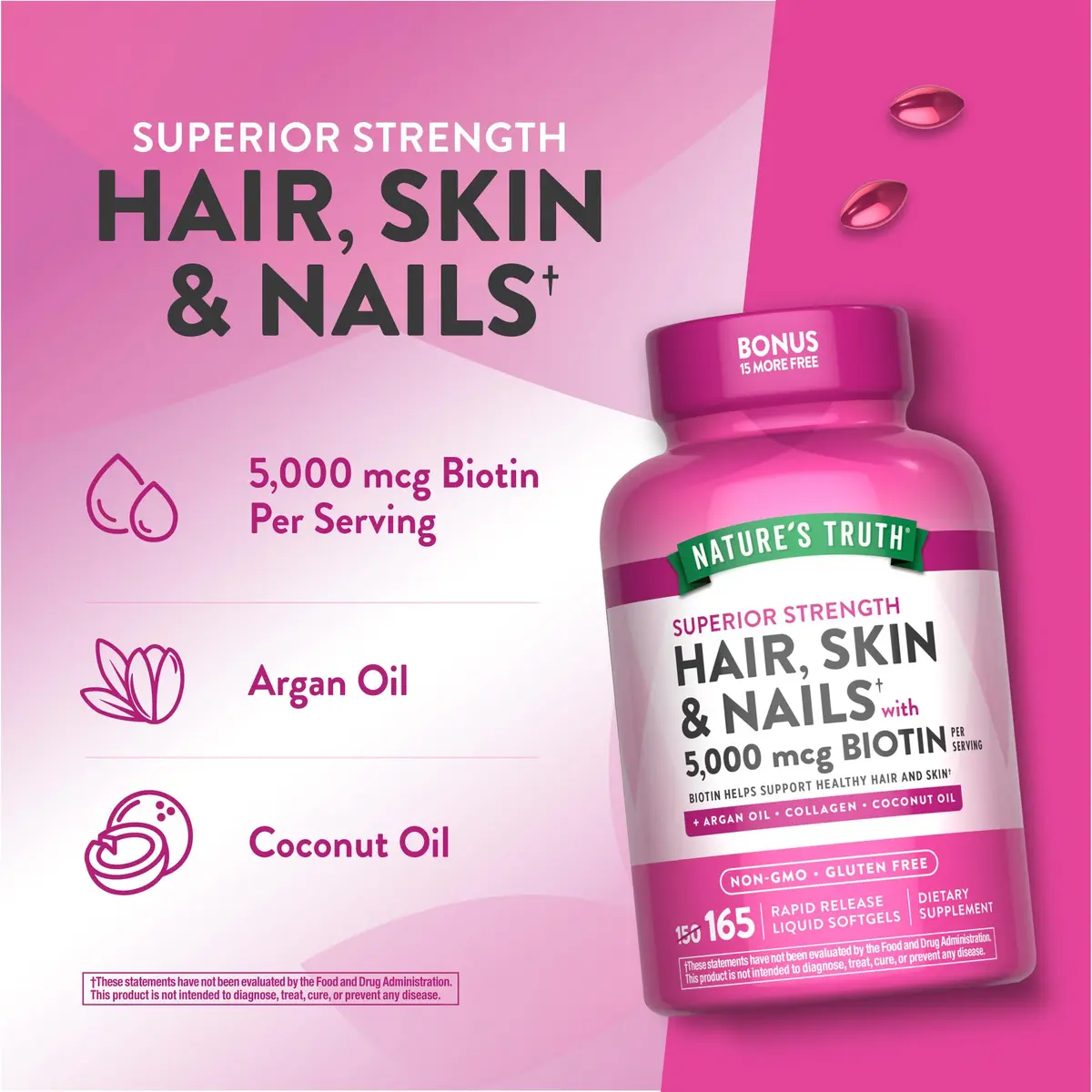 Nature's Truth Hair, Skin & Nails Vitamin | 5000 mcg Biotin | 165 Softgels | Supports Hair & Nail Growth - view 5