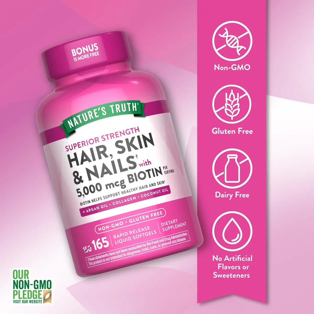 Nature's Truth Hair, Skin & Nails Vitamin | 5000 mcg Biotin | 165 Softgels | Supports Hair & Nail Growth - view 3