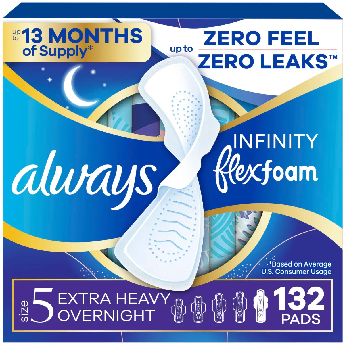 Always Infinity Feminine Pads with FlexFoam, Size 5 Extra Heavy Overnight, 132 Count (6 Packs of 22) | Dermatologically Tested by Skin Health Alliance - main product image