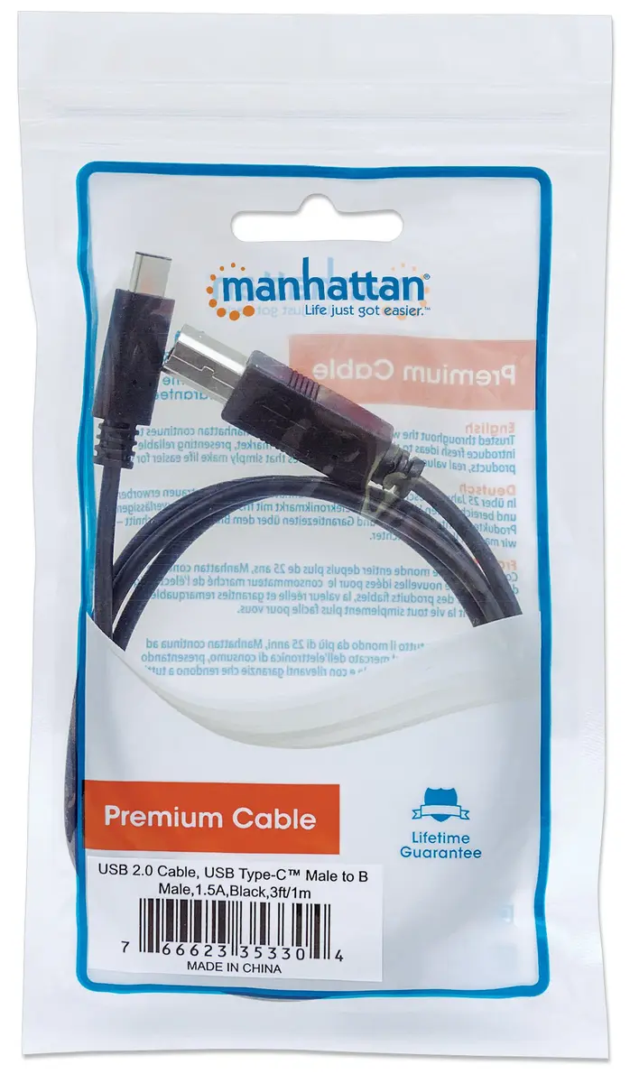 MANHATTAN USB C Device Cable Type-C to USB-B 1m | 480 Mbps Data & 3A Power - view 6