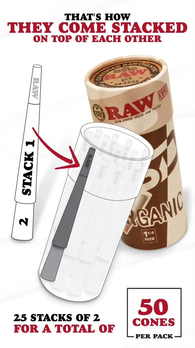 RAW Organic Cones 1-1/4 Size | 50 Pack | Pre Rolled Rolling Papers with Tips | 83mm Length - view 2