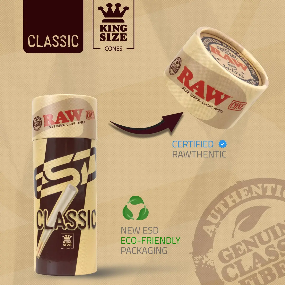 RAW Classic King Size Pre-Rolled Cones 100 Count | Slow Burning Unbleached Fibers with Tips - view 4