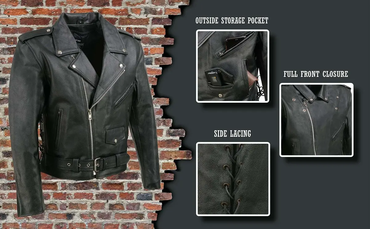 EVENT LEATHER EL5411 Men's Black Classic Side Lace Motorcycle Leather Jacket-MD | Durable Genuine Leather, Classic Motorcycle Style - view 4