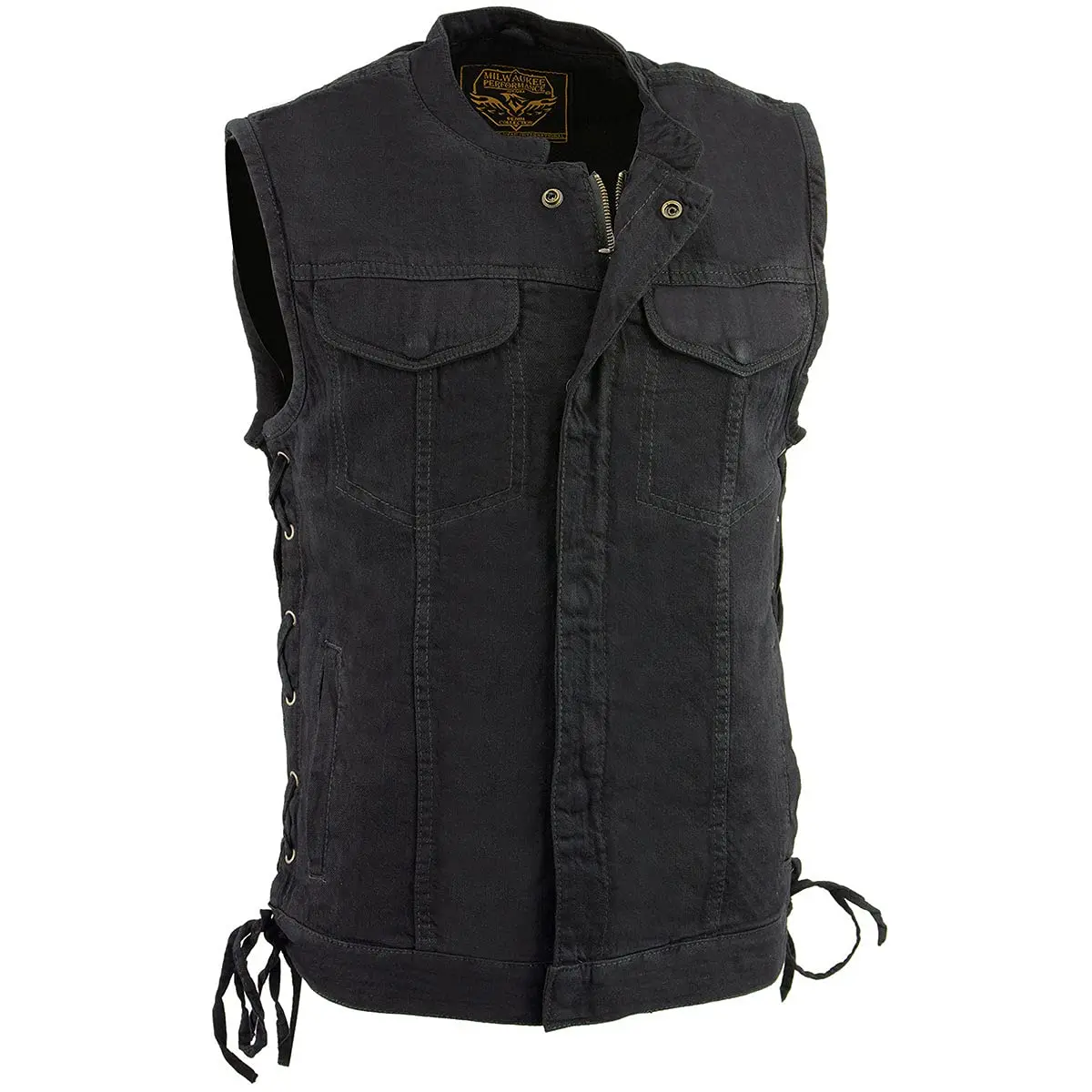Milwaukee Leather MDM3002 Men’s Covert Black Denim Vest | Side Lace Adjustment, Concealed Pockets - main product image