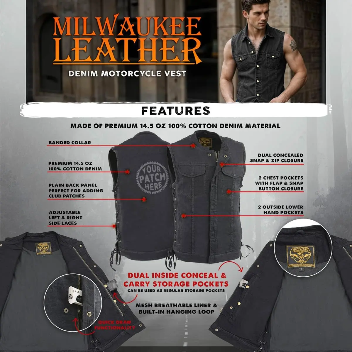 Milwaukee Leather MDM3002 Men’s Covert Black Denim Vest | Side Lace Adjustment, Concealed Pockets - view 4
