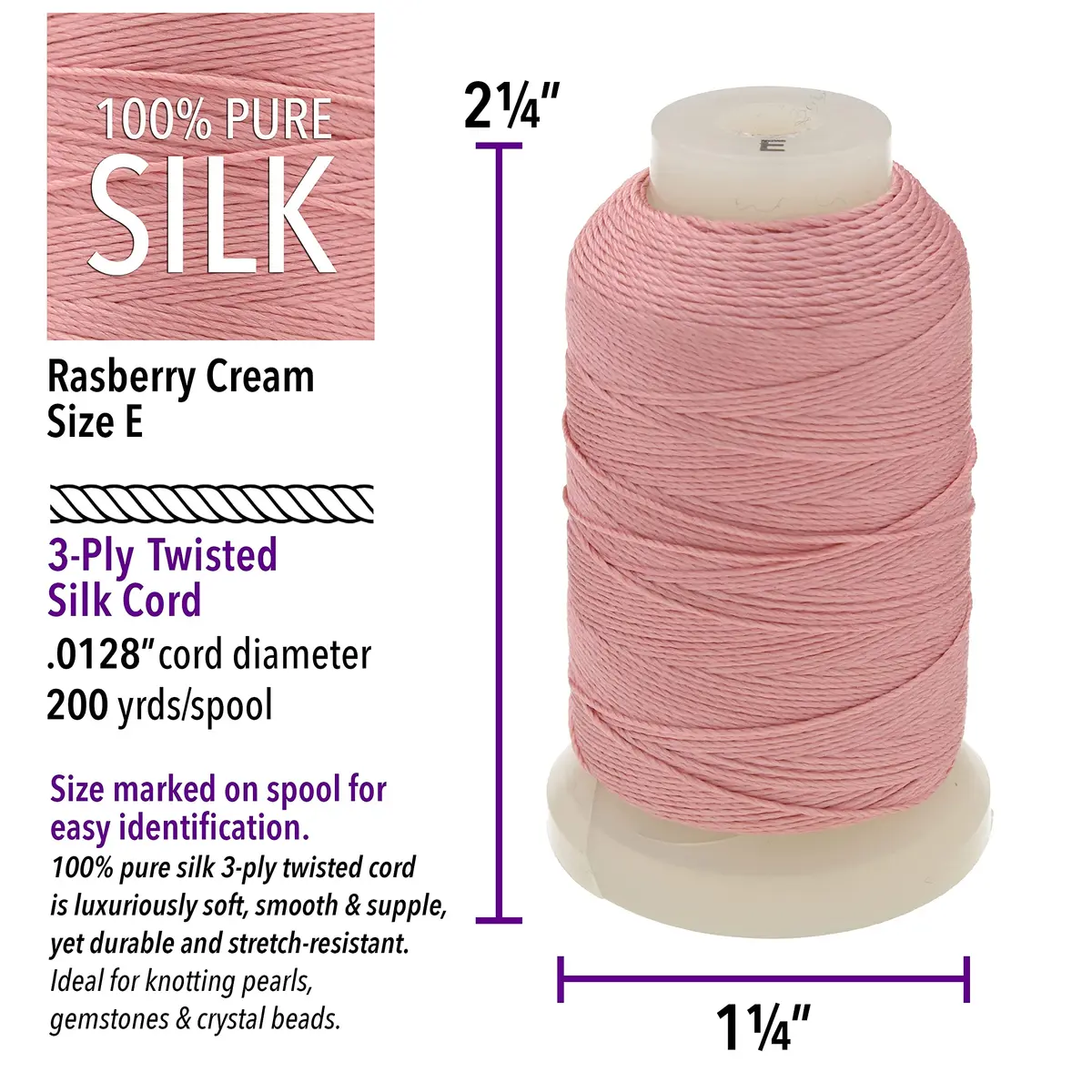 The Beadsmith Pure Silk Cord Raspberry Cream Size E 0.325mm (0.0128") 200 Yards (600 ft) | Luxurious & Durable Jewelry Thread - view 3