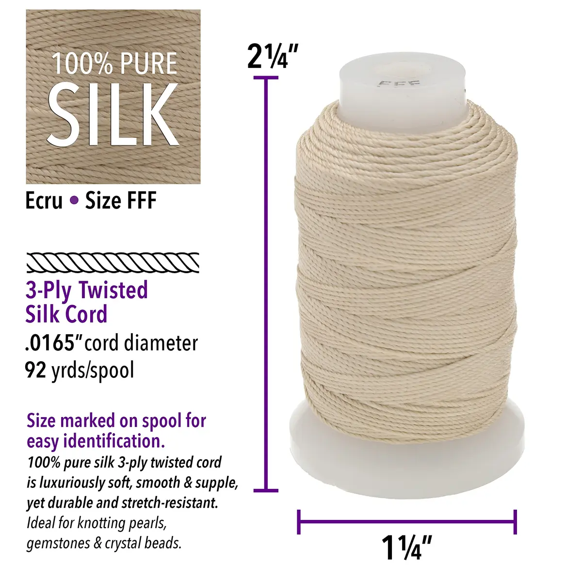 The Beadsmith Pure Silk Cord – Ecru, Size FFF (0.419 mm/0.0165”), 92 Yards (276 ft) - view 3