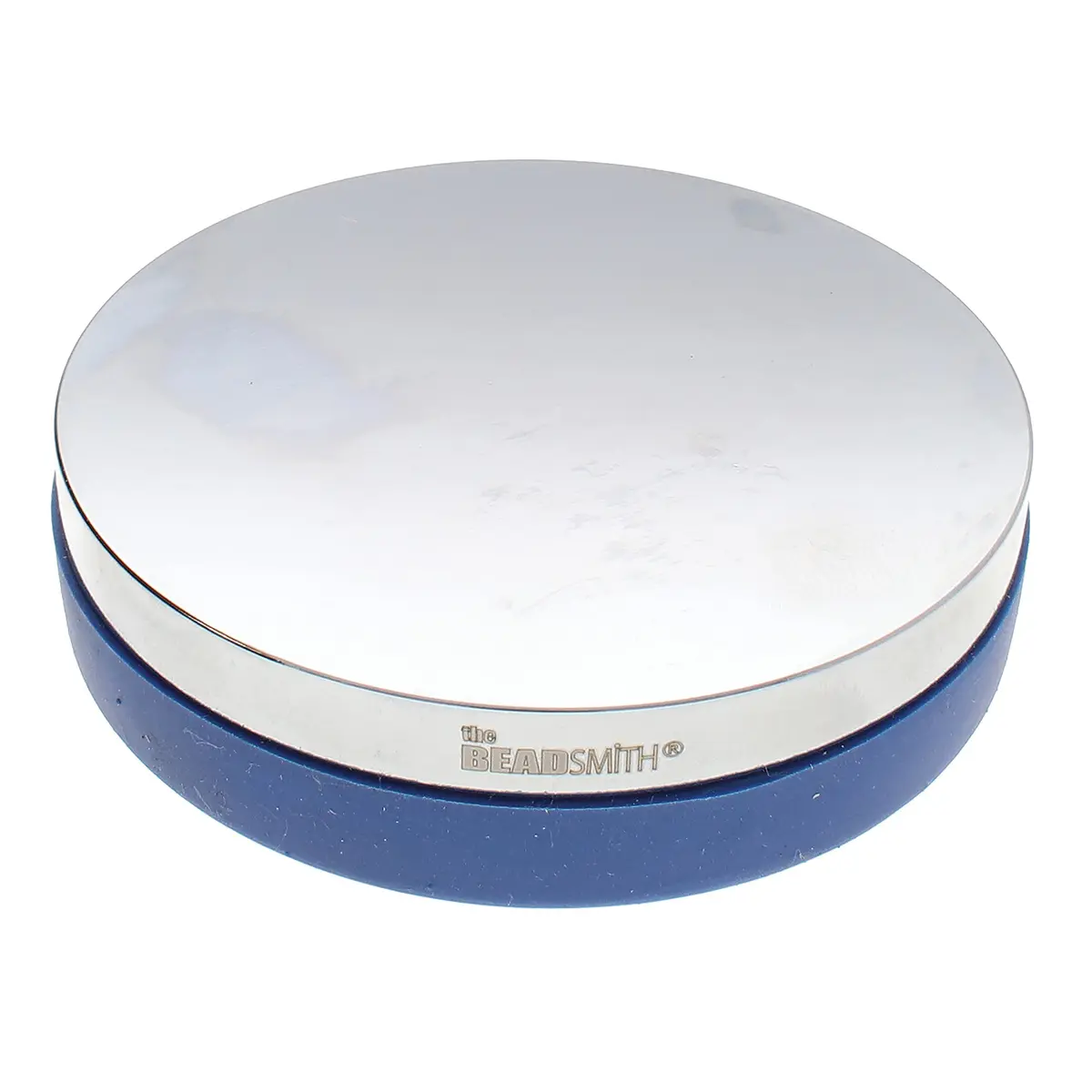 The Beadsmith Steel Bench Block – Metal Elements - Chrome Plated Mirror Finish - Soft Plastic Base to Reduce Noise & Rebound Force - Metal Bench Block for Jewelry & Stamping - 3” diameter, 3/4” high - main product image