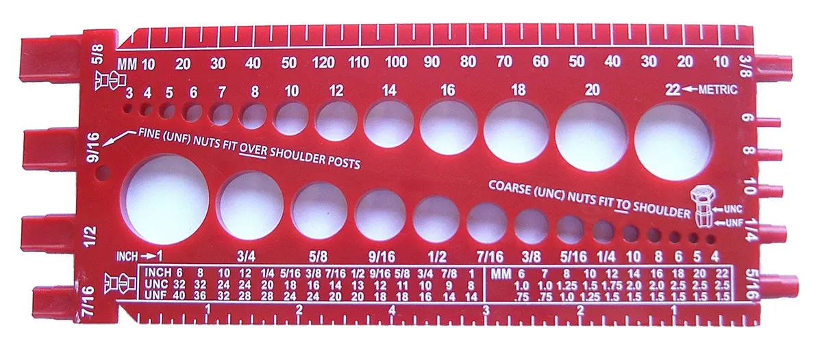 Stainless Town Nut Bolt Thread Gauge (Red) - Measures Diameter, Thread Pitch & Length - Fractional #4 to 1" & Metric 3mm to 22mm - main product image