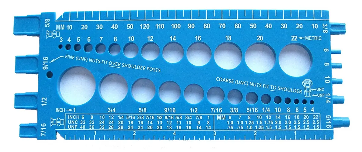 Stainlesstown Nut Bolt Thread Gauge (Blue) - Measures Diameter, Thread Pitch & Length - Fractional #4 to 1" and Metric 3mm to 22mm - Durable 1/4" Thick Hard Plastic - main product image