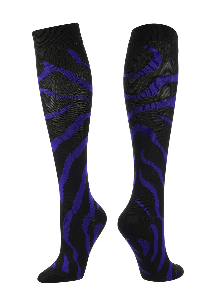 TCK Sports Krazisox Zebra Stripe Socks (Black/Purple, Small) | Athletic Knee Length Socks for Youth & Adults - main product image