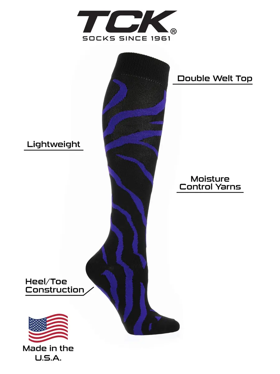 TCK Sports Krazisox Zebra Stripe Socks (Black/Purple, Small) | Athletic Knee Length Socks for Youth & Adults - view 3
