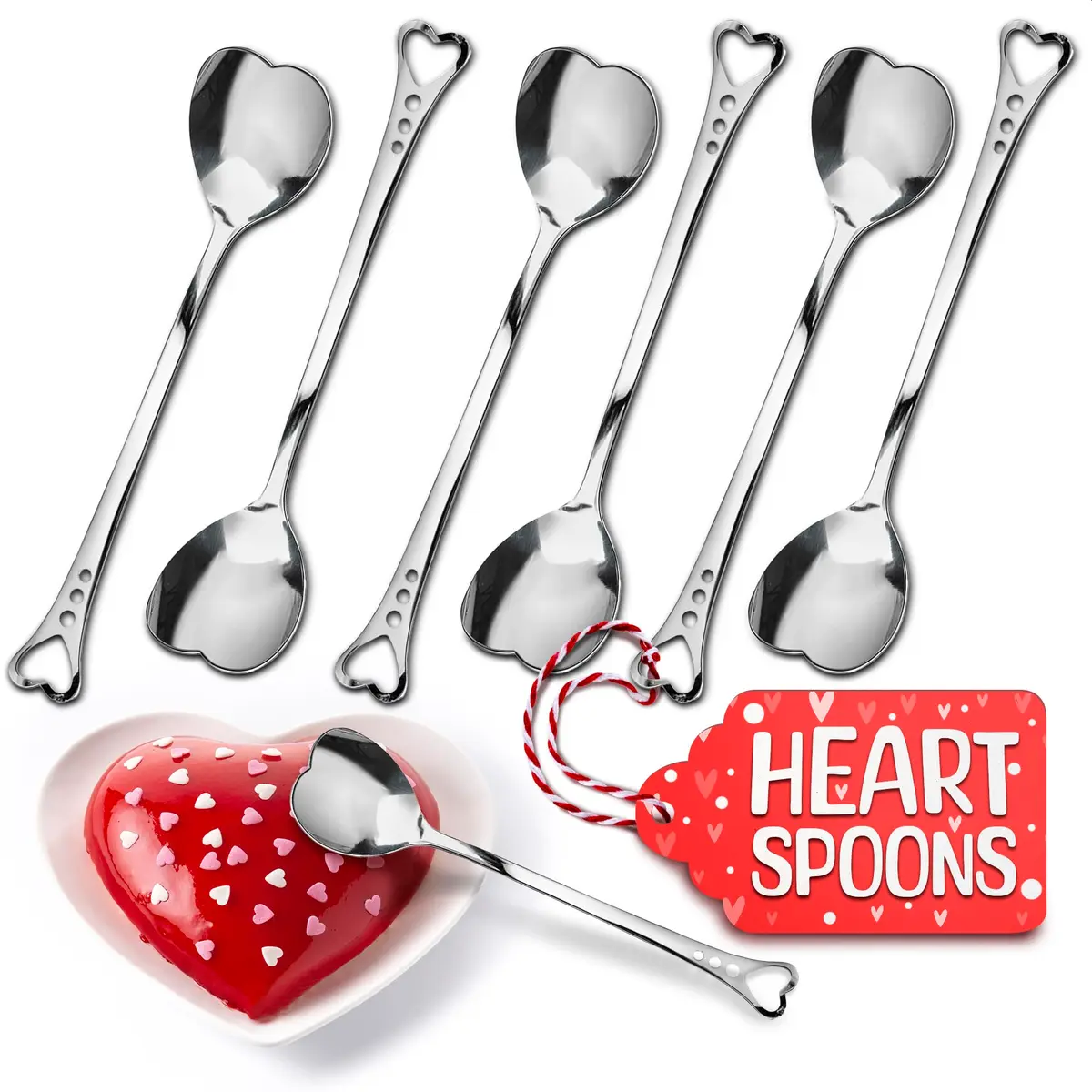 The Little Green Change Silver Heart Shaped Tea Spoons | 6 Pcs Small Coffee & Dessert Spoons, 5.6" - main product image