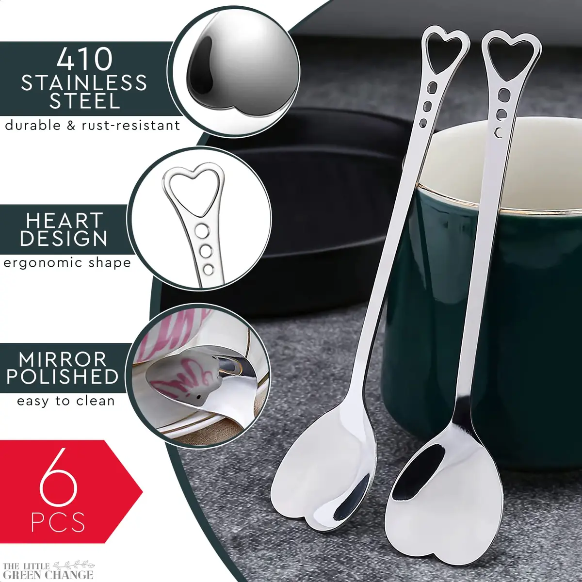 The Little Green Change Silver Heart Shaped Tea Spoons | 6 Pcs Small Coffee & Dessert Spoons, 5.6" - view 3