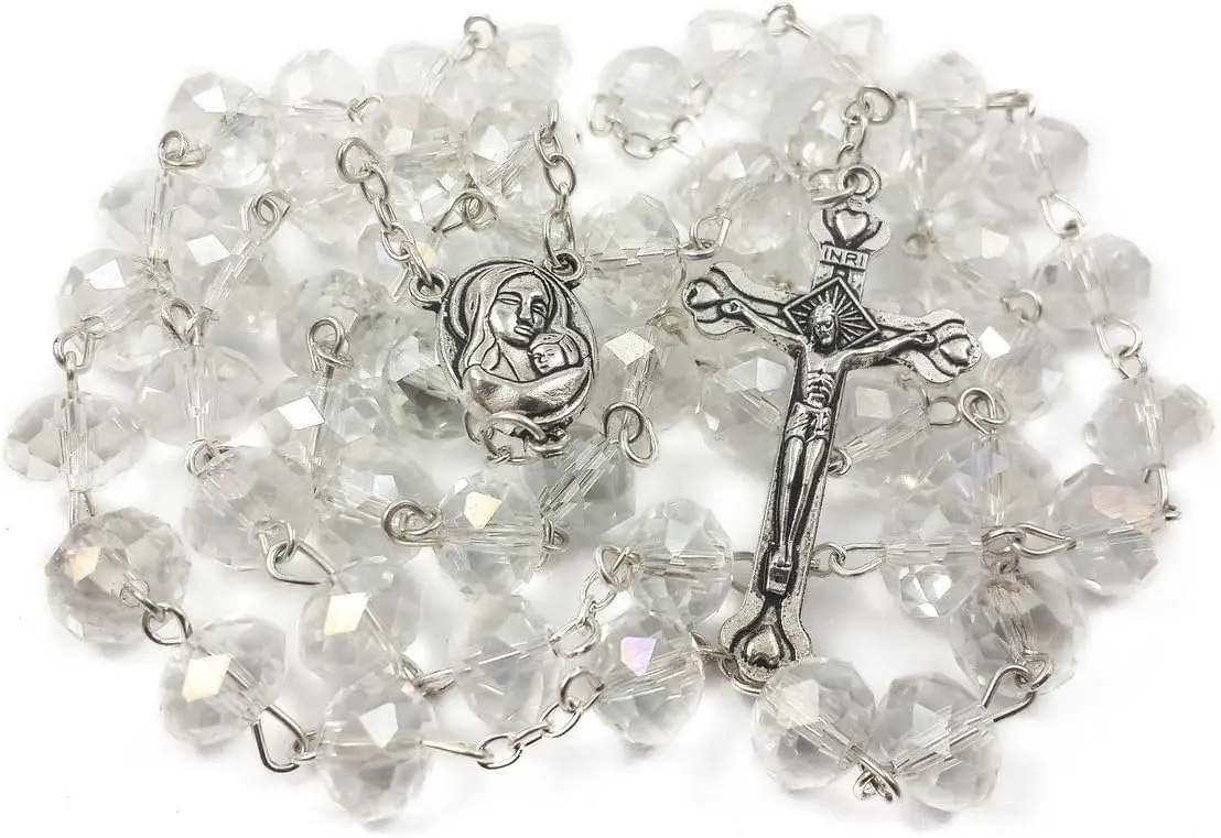 Nazareth Store White Clear Crystal Beads Rosary Necklace 21" | Catholic Devotion - main product image