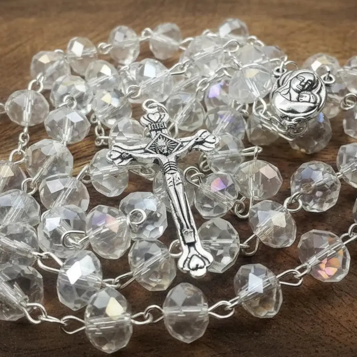 Nazareth Store White Clear Crystal Beads Rosary Necklace 21" | Catholic Devotion - view 5